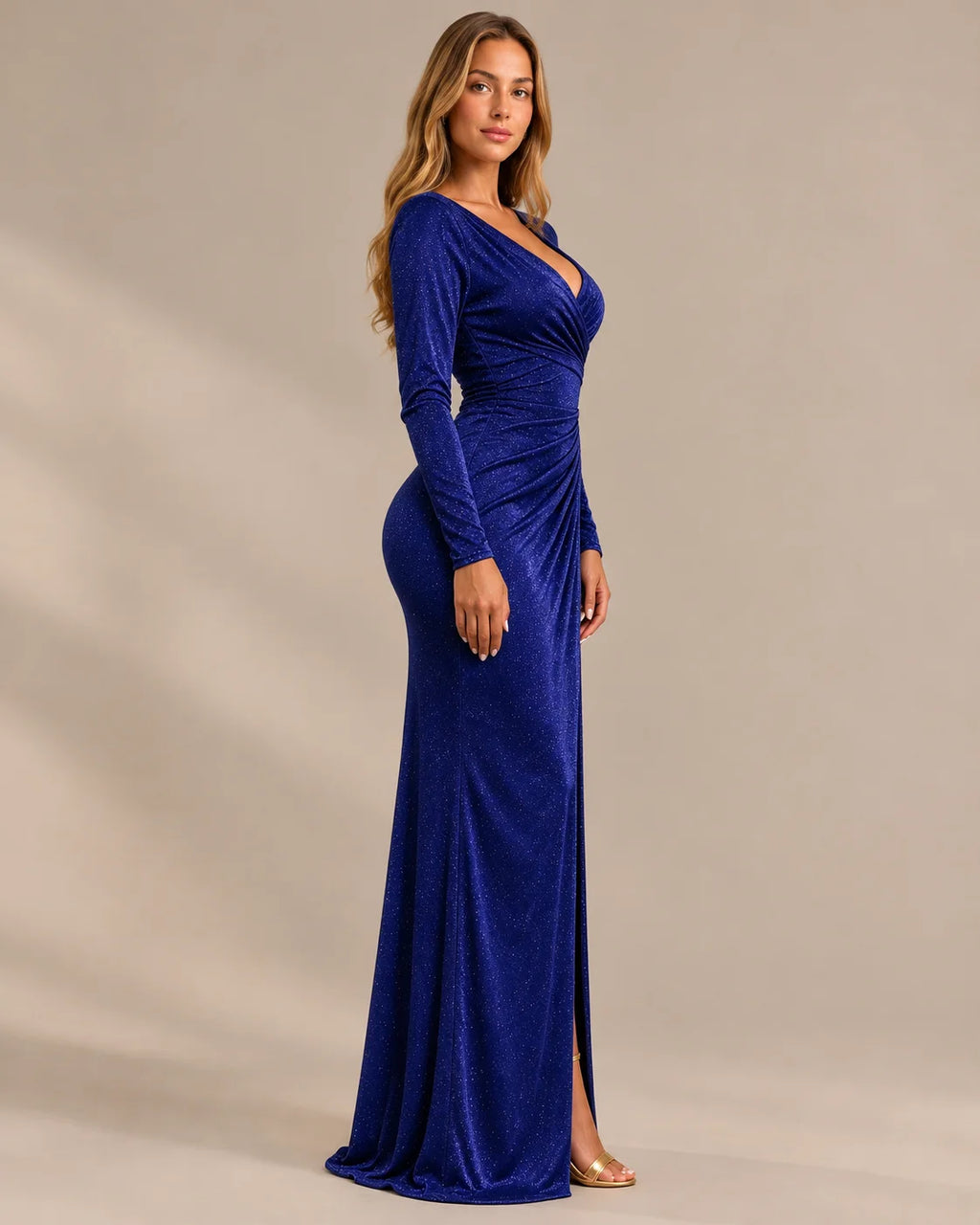 Shimmer Wrap V Neck Long Sleeve Maxi Dress – High Slit Evening Gown | Oyese