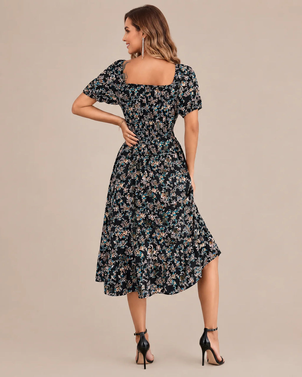 Off-Shoulder Floral Puff Sleeve Ruffle A-Line Dress | Oyese