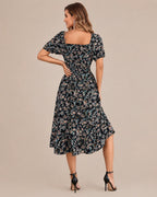 Off-Shoulder Floral Puff Sleeve Ruffle A-Line Dress | Oyese