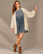 Velvet Lace Yoke Long Puff Sleeve Babydoll Mini Dress | Oyese