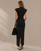 Funnel Neck Power Shoulder Sheath Midi Dress | Oyese