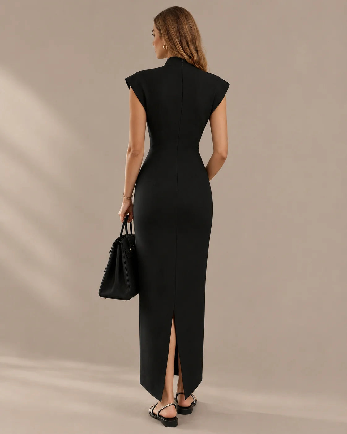 Funnel Neck Power Shoulder Sheath Midi Dress | Oyese
