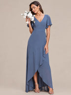 Double V-Neck Flutter Sleeve Flowy Slit Maxi Gown | Oyese