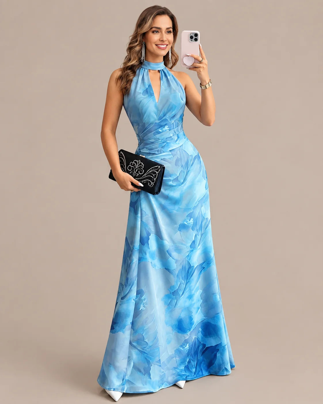 Keyhole Halter Open Back Watercolor Print Maxi Dress | Oyese
