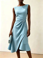 Twisted Knot Waist Midi Dress – Sleeveless Round Neck Office Dress | Oyese