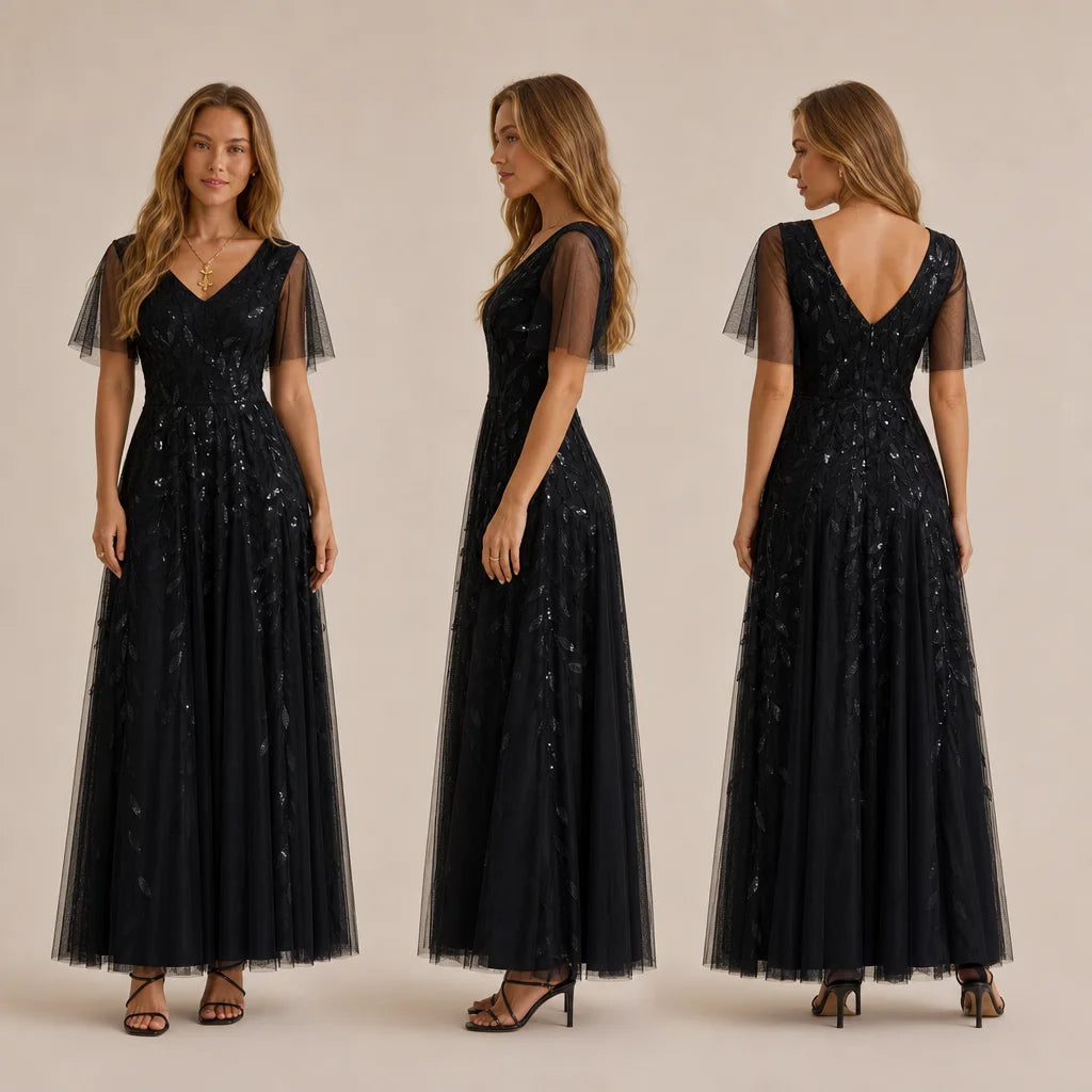 Deep V-Neck Sequin Tulle A-Line Gown – Flutter Sleeve Formal Evening Dress | Oyese