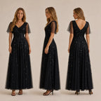 Deep V-Neck Sequin Tulle A-Line Gown – Flutter Sleeve Formal Evening Dress | Oyese