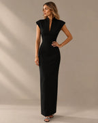 Funnel Neck Power Shoulder Sheath Midi Dress | Oyese