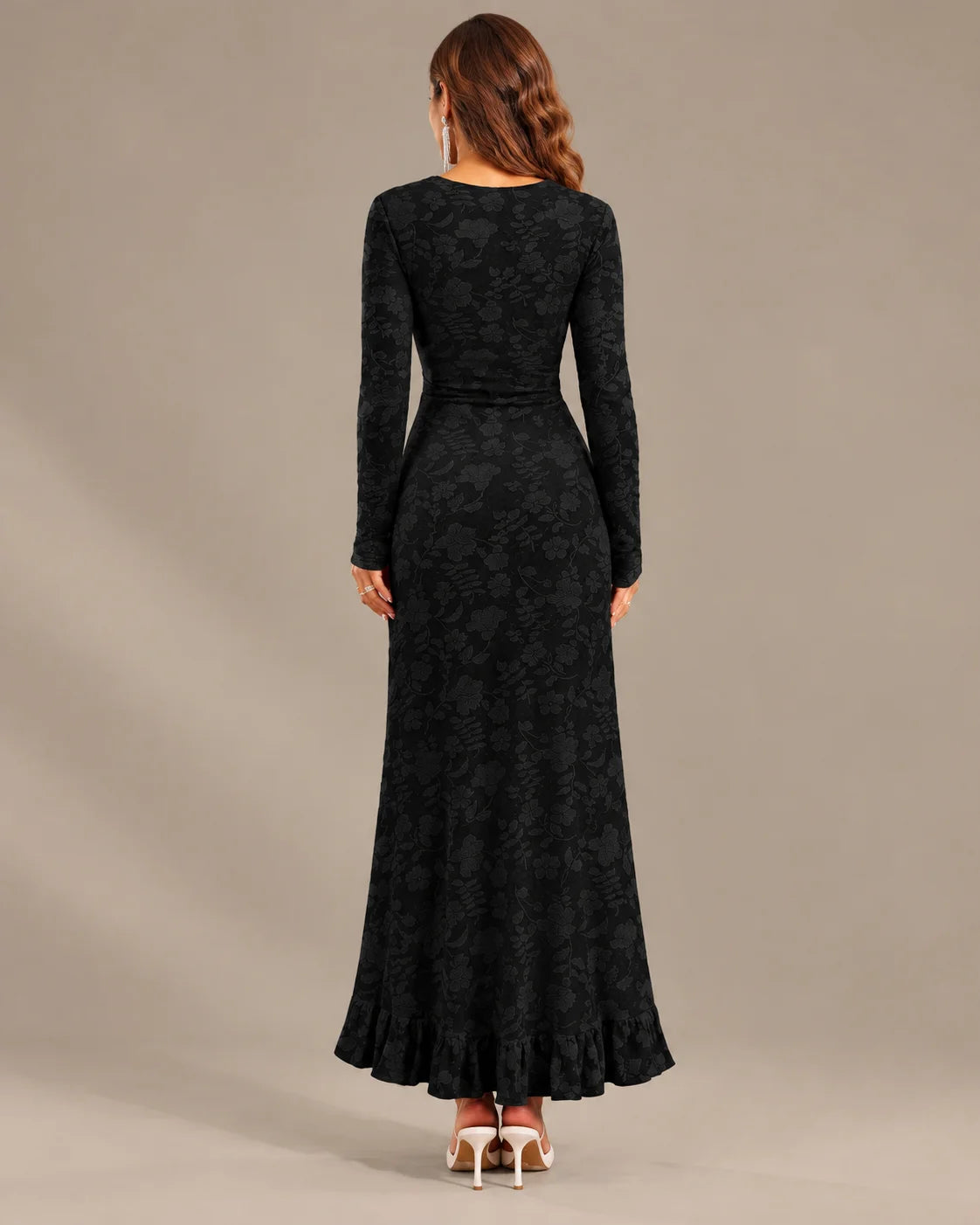 Long Sleeve Floral Lace Asymmetric Ruffle Slit Maxi Dress | Oyese
