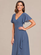 Double V-Neck Flutter Sleeve Flowy Slit Maxi Gown | Oyese