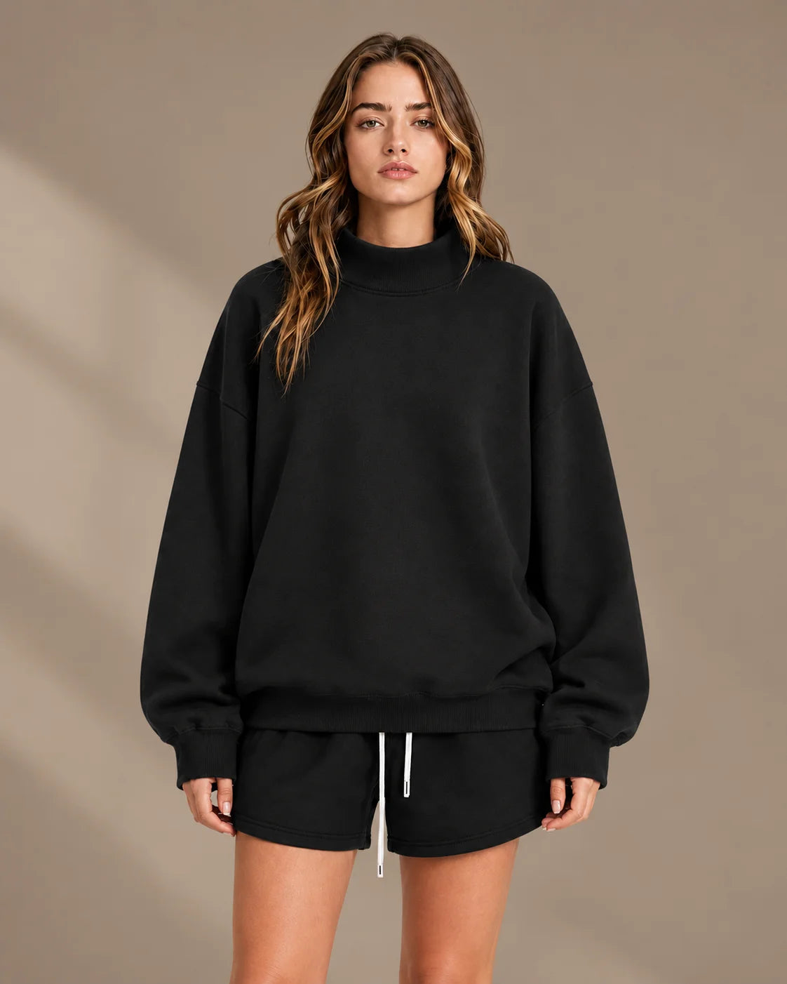 Oversized Mock Neck Fleece-Lined Pullover Sweatshirt | Oyese