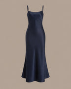 Chiffon Cape Mock Neck Satin Midi Dress – Elegant Cocktail Wedding Guest Dress | Oyese