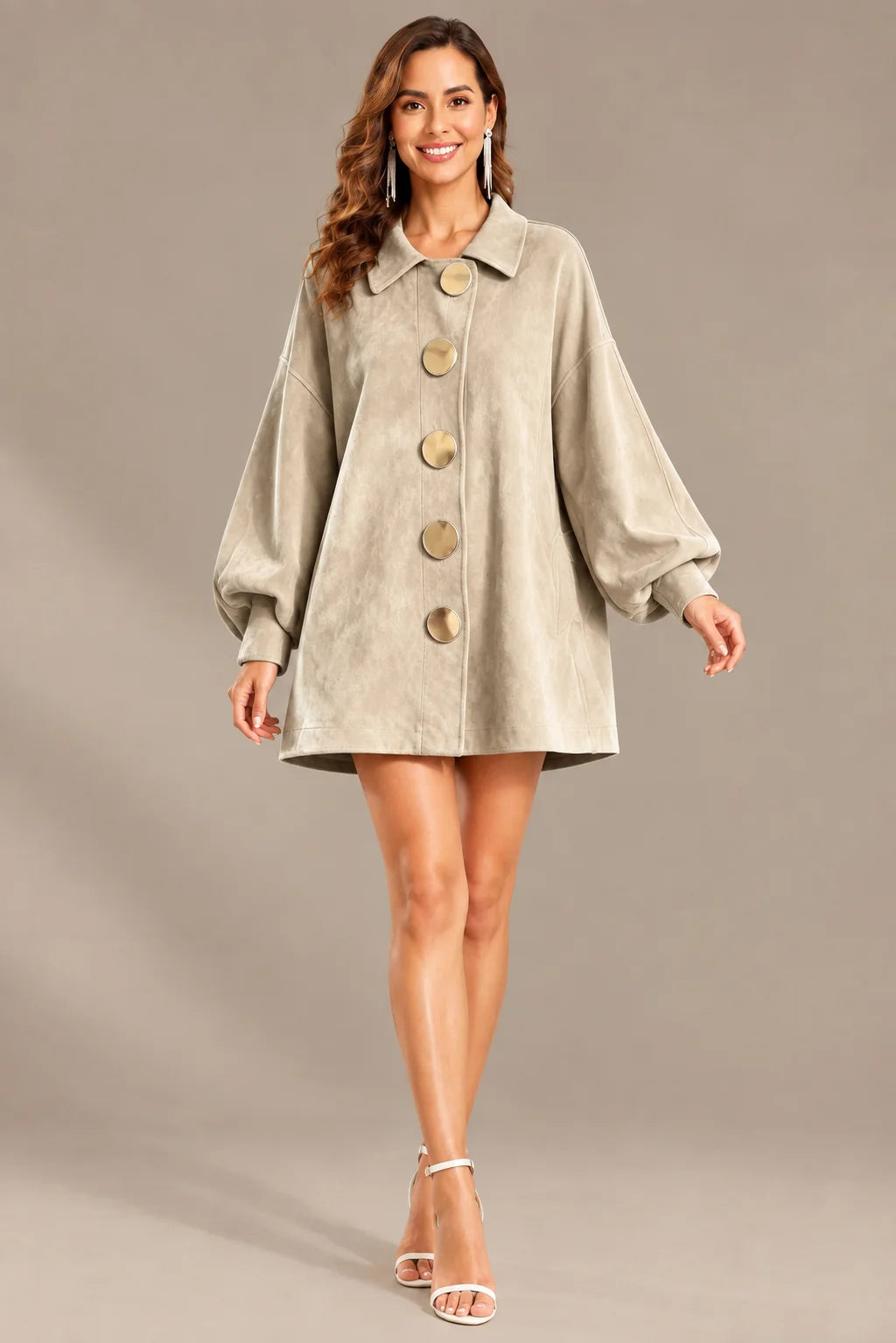 Women's Suede-Look Lapel Coat with Gold Buttons | Oyese