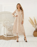 V-Neck Long Sleeve Sequin Fringe Mesh Midi Dress | Oyese