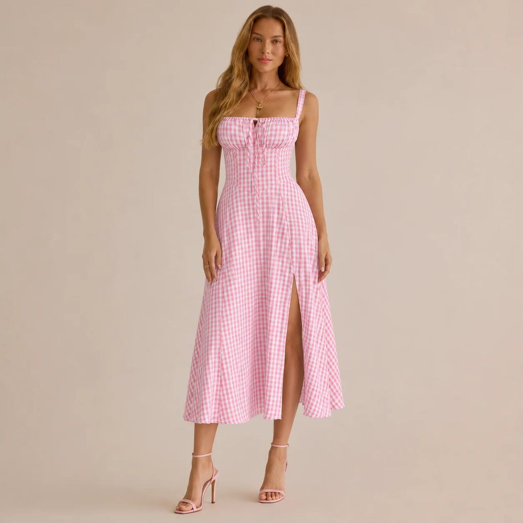 Square Neck Tie Front A-Line Midi Dress – Floral & Solid Summer Dress | Oyese