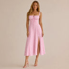 Square Neck Tie Front A-Line Midi Dress – Floral & Solid Summer Dress | Oyese
