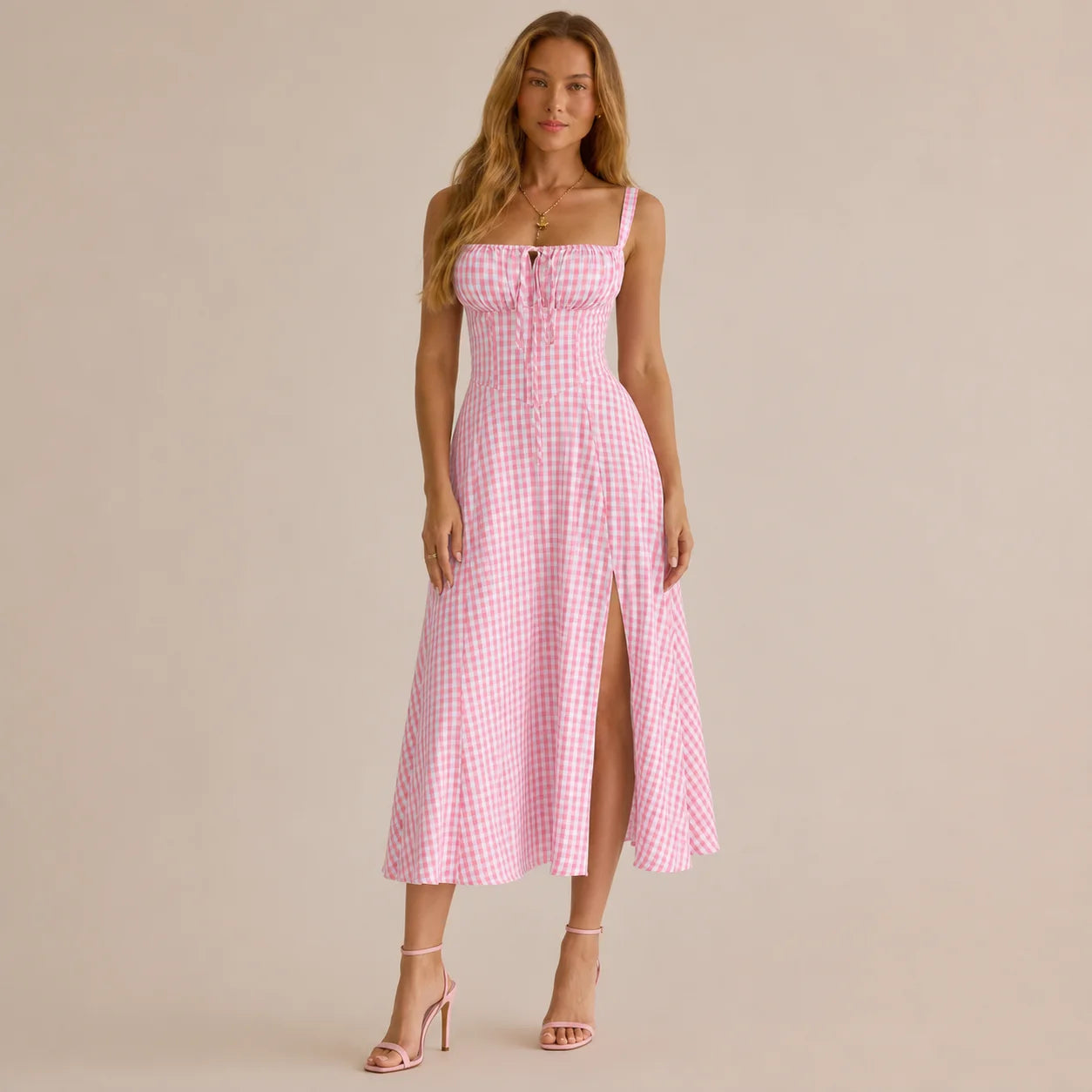 Square Neck Tie Front A-Line Midi Dress – Floral & Solid Summer Dress | Oyese