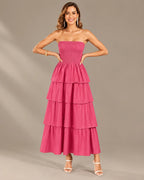 Strapless Smocked Bodice Tiered Maxi Dress | Oyese