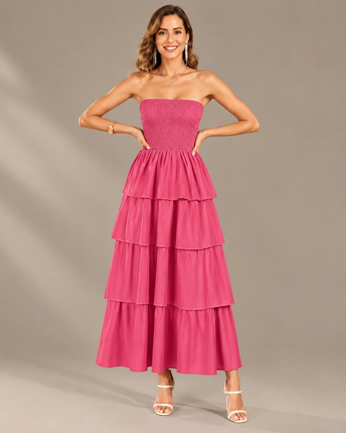 Strapless Smocked Bodice Tiered Maxi Dress | Oyese