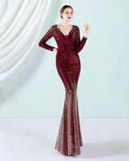 Deep V Long Sleeve Ombre Sequin Mermaid Evening Gown | Oyese