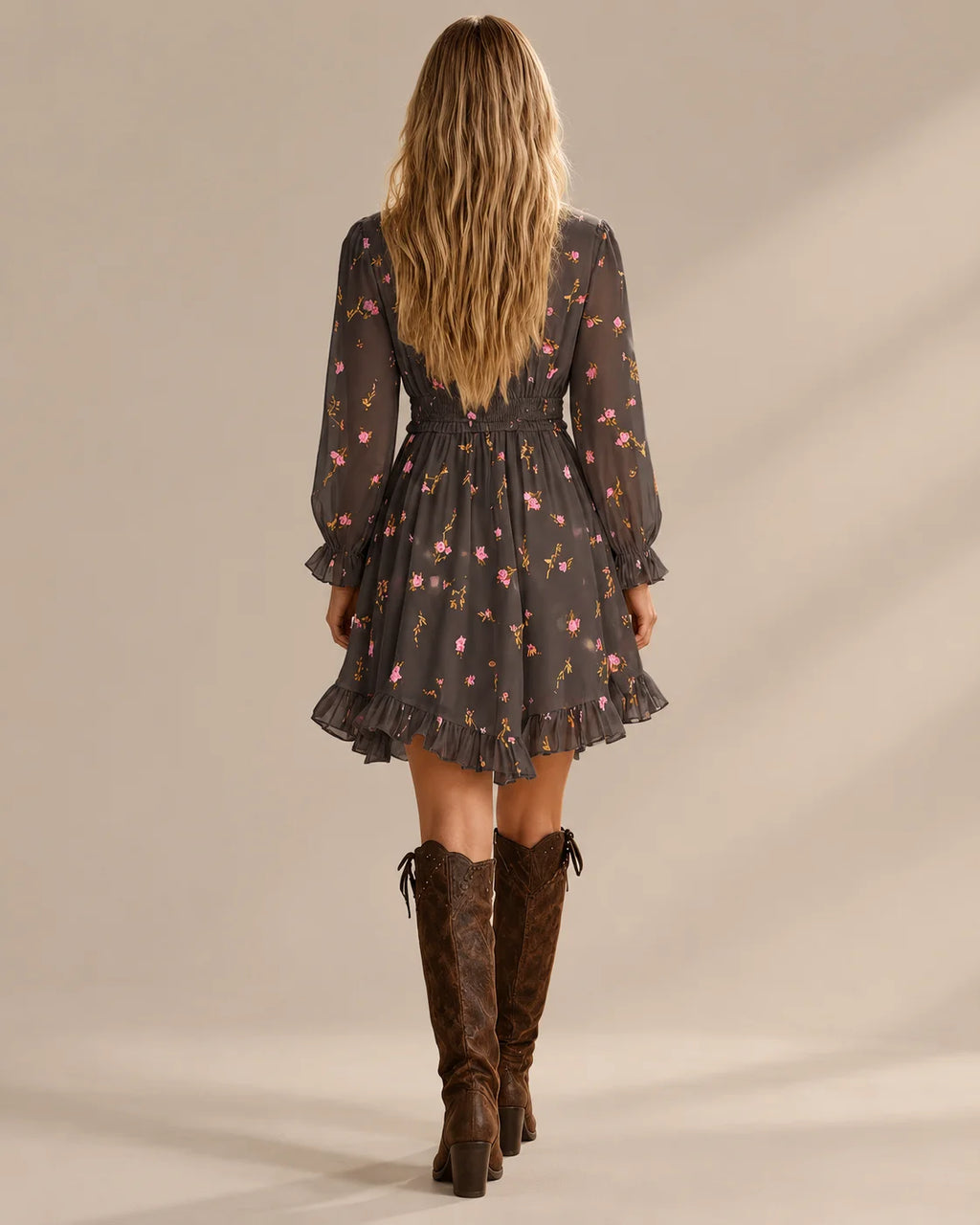 Ruffle Trim V-Neck Ditsy Floral Long Sleeve High-Low Mini Dress | Oyese