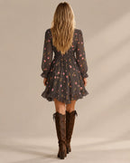Ruffle Trim V-Neck Ditsy Floral Long Sleeve High-Low Mini Dress | Oyese