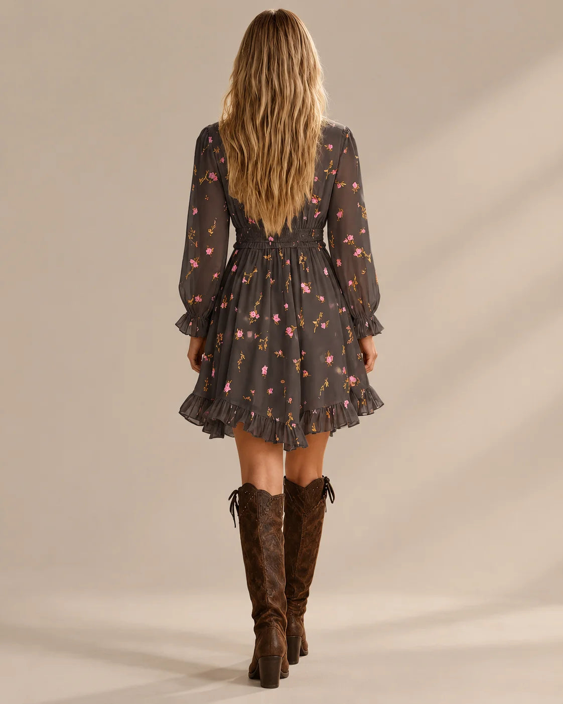 Ruffle Trim V-Neck Ditsy Floral Long Sleeve High-Low Mini Dress | Oyese