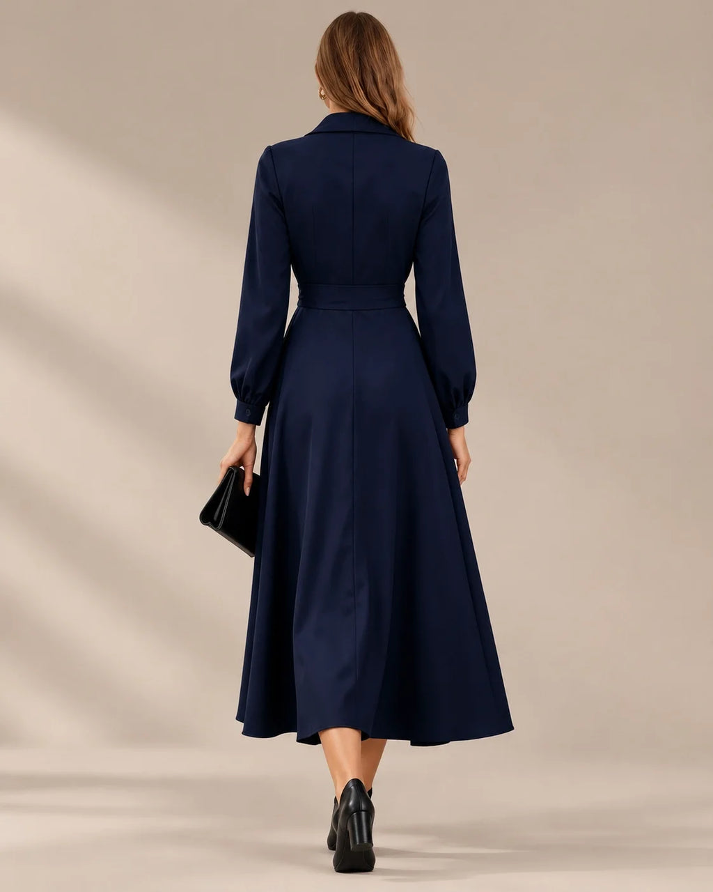 Shawl Collar Wrap Front Long Sleeve Flared Midi Dress | Oyese