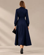 Shawl Collar Wrap Front Long Sleeve Flared Midi Dress | Oyese
