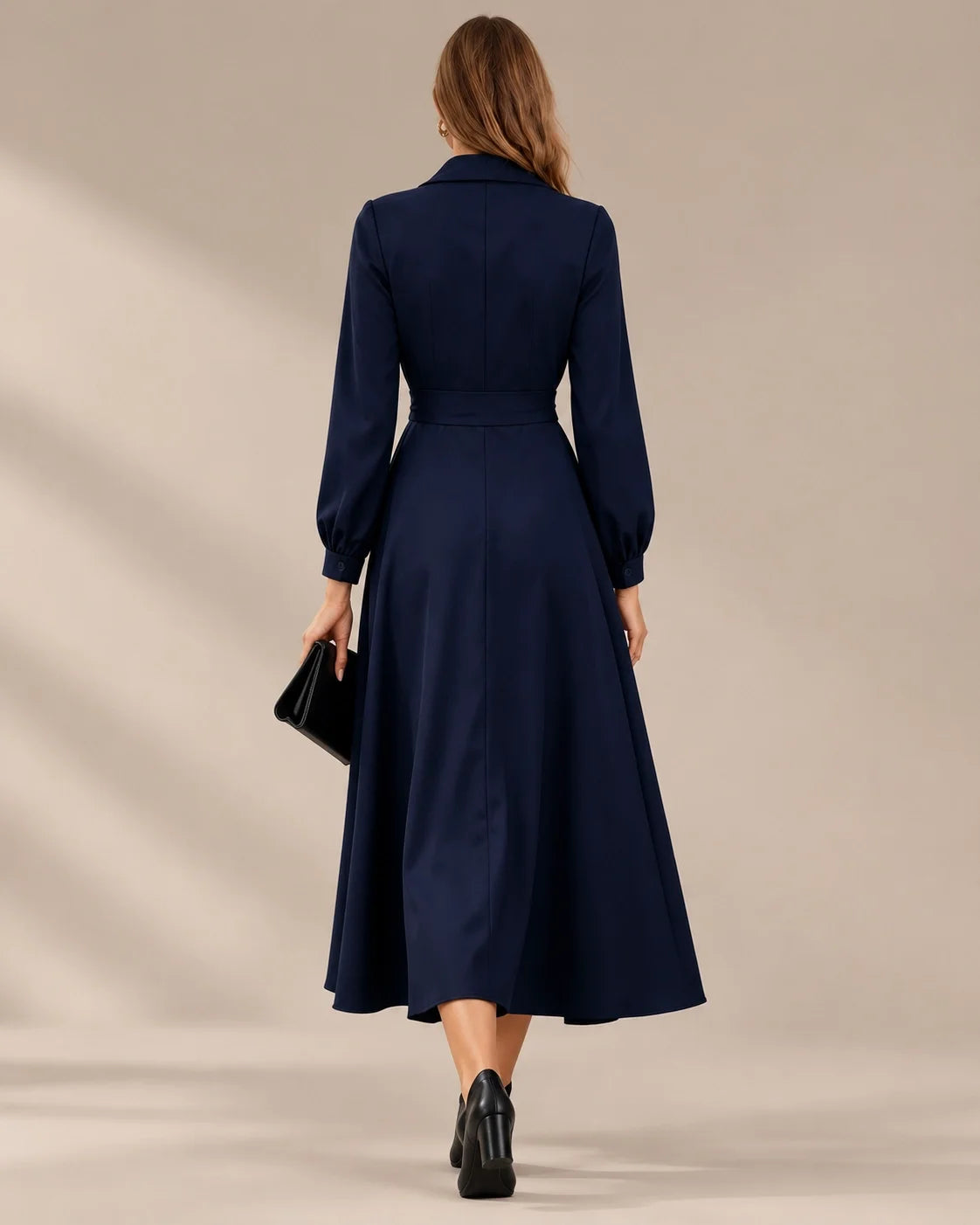 Shawl Collar Wrap Front Long Sleeve Flared Midi Dress | Oyese