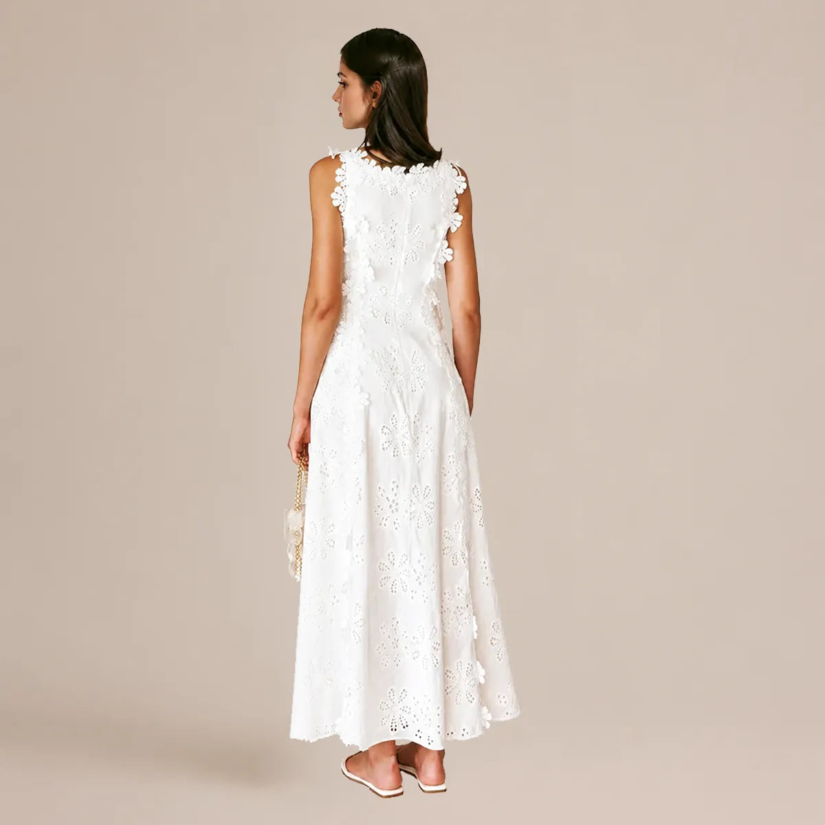 Elegant Crochet Eyelet White Maxi Dress