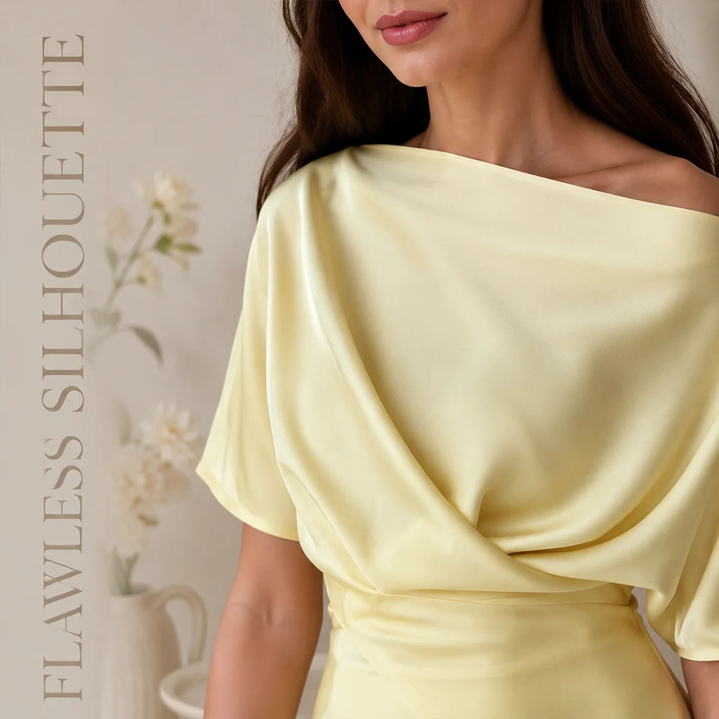 Lemon Satin Off-Shoulder Wrap Top & Maxi Skirt Set