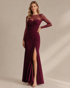 Illusion Neckline Sheer Sleeve Side Ruched Maxi Dress with Slit | Oyese