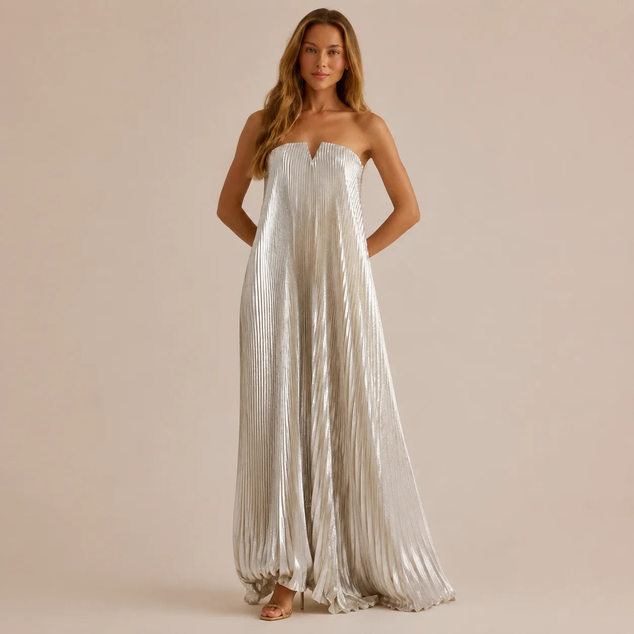 Strapless Pleated Maxi Gown – V-Notch Accordion Pleat Formal Dress | Oyese