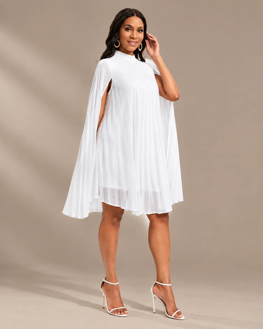 Mock Neck Pleated Chiffon Cape Shift Dress | Oyese