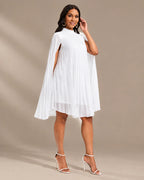 Mock Neck Pleated Chiffon Cape Shift Dress | Oyese