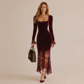 Velvet Lace Trim Bodycon Midi Dress – French Long Sleeve Evening Dress | Oyese