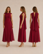 A sleeveless floor-length burgundy dress shown on a model from front, side, and back views against a plain beige studio background.