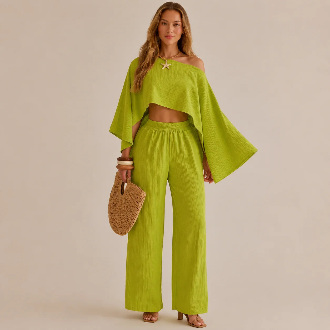 Off-Shoulder Cape Top & Wide Leg Pants Set – Beach Vacation 2-Piece | Oyese