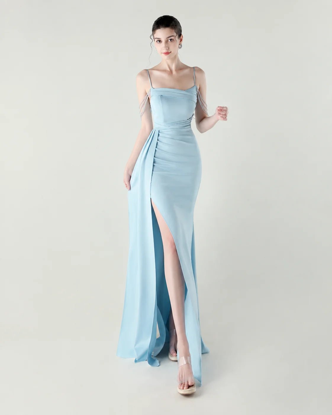 Strapless Beaded Chain Strap Ruched Mermaid Gown | Oyese