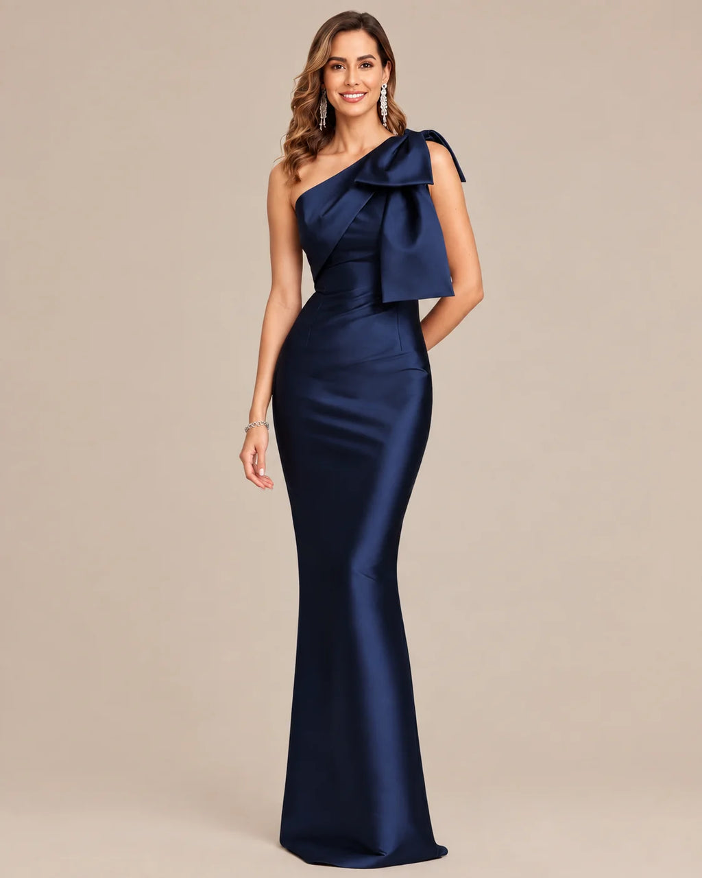 One-Shoulder Bow Satin Mermaid Evening Gown | Oyese