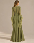 Deep V Long Sleeve Feather Cuff Maxi Dress with Slit | Oyese