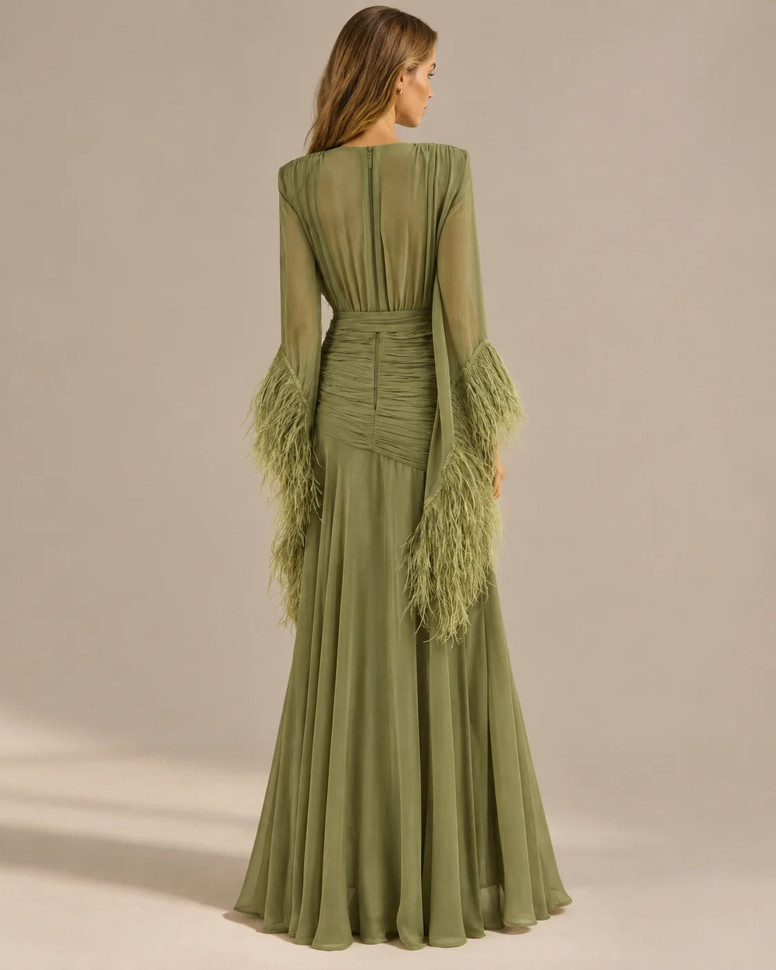Deep V Long Sleeve Feather Cuff Maxi Dress with Slit | Oyese