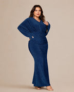 Plus Size V-Neck Glitter Mermaid Gown – Long Sleeve Sparkle Evening Dress | Oyese