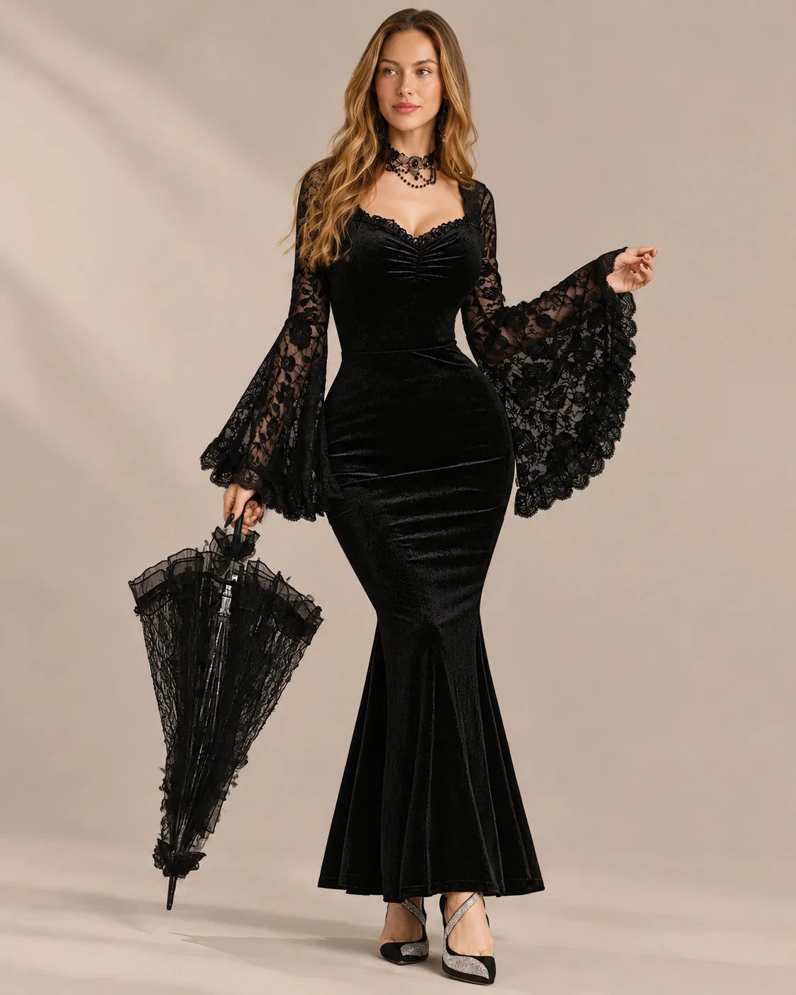 Gothic Velvet Lace Bell Sleeve Mermaid Maxi Dress – Fitted Waist Halloween Gown | Oyese
