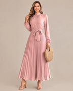 Ruffled Mock Neck Belted Pleated Midi Dress | Oyese