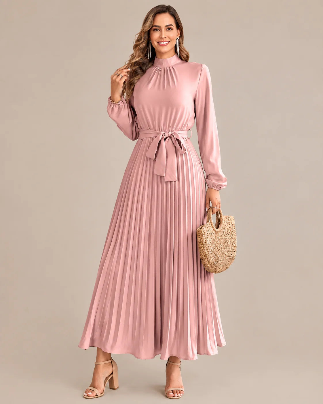 Ruffled Mock Neck Belted Pleated Midi Dress | Oyese