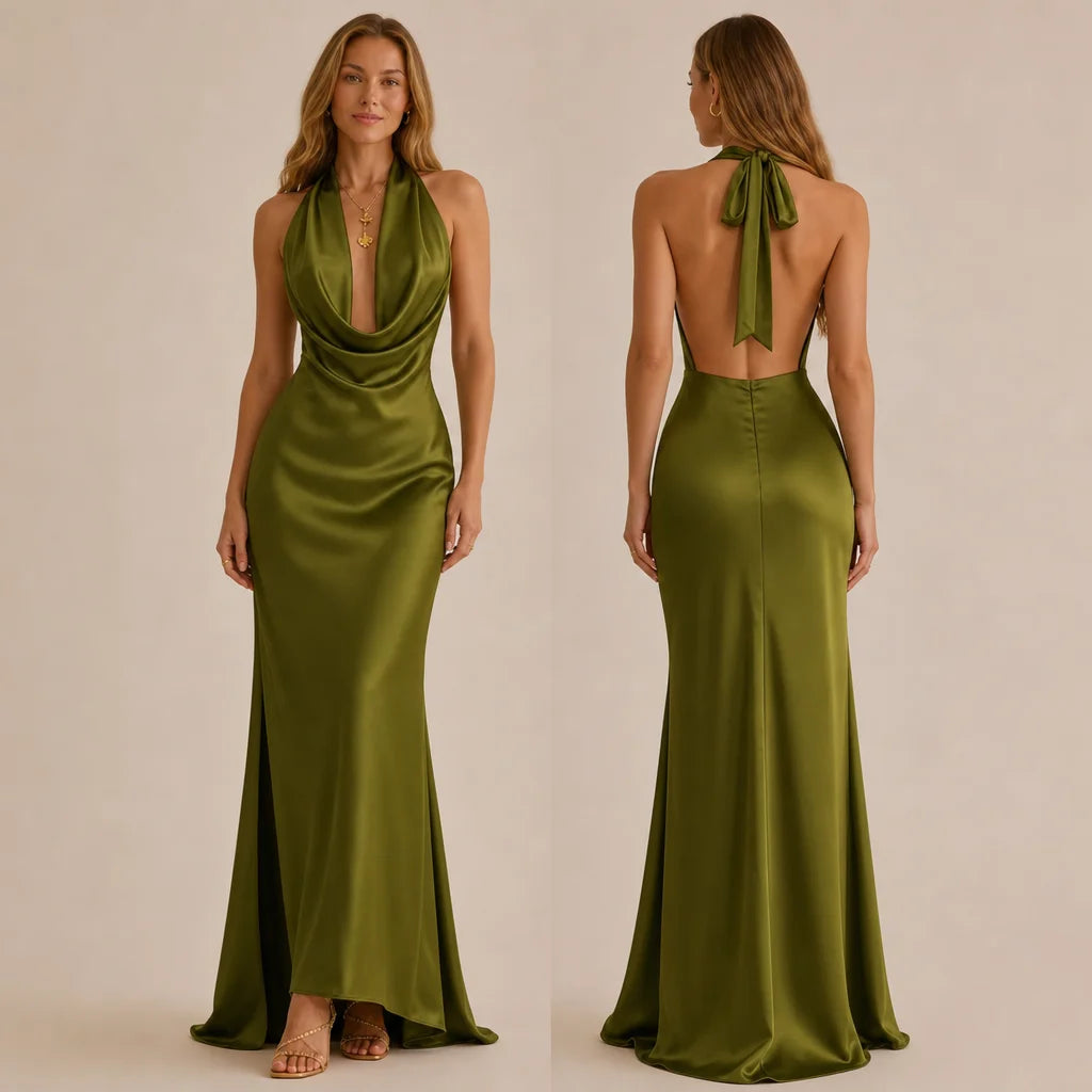 Halter Cowl Neck Satin Mermaid Gown – Backless Tie-Bow Evening Dress | Oyese