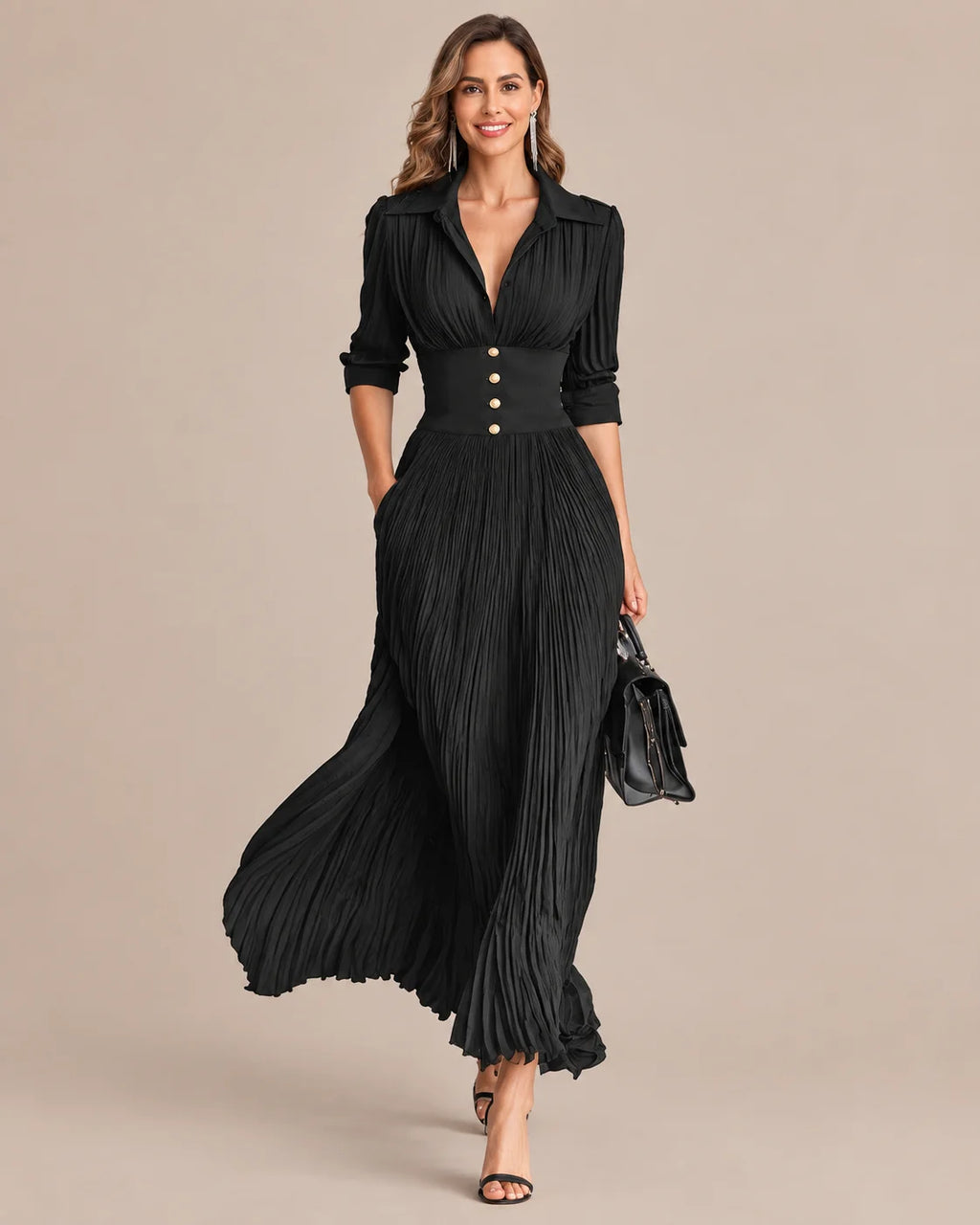 Shirt Collar Button Front Pleated A-Line Maxi Dress | Oyese