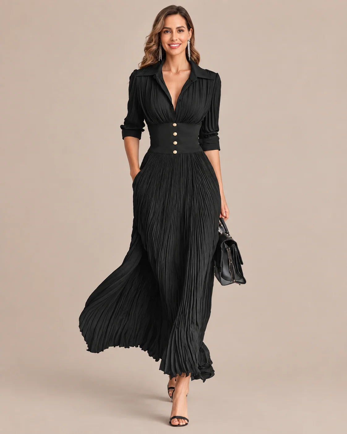 Shirt Collar Button Front Pleated A-Line Maxi Dress | Oyese